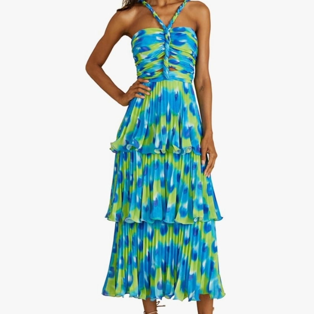 AMUR Blue and Green Pleated Midi Dress